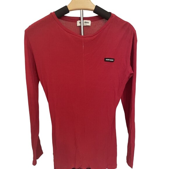 Miu Miu Womens Red Long-Sleeve Crewneck T-Shirt With Logo Patch Lightweight Casu - Picture 1 of 13